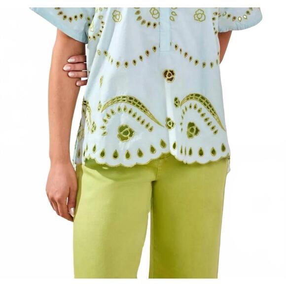 TRIBAL Tops - NEW TRIBAL embroidered poplin short sleeve blouse in light aqua